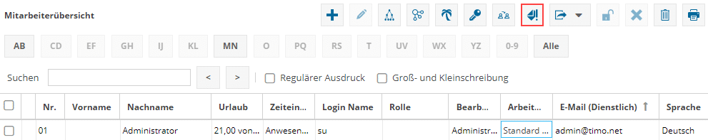 Im Bild sehen Sie die Mitarbeiterstammdaten im Programm TimO mit einer markierten Schaltfläche Mitarbeiterbenachrichtigung.
