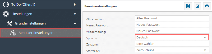 Im Bild sehen Sie die Benutzereinstellungen der Software TimO mit dem markierten Feld "Sprache".