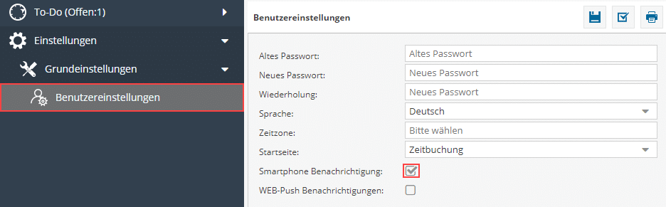 Im Bild sehen Sie die Benutzereinstellungen in der Software TimO. Das Feld Smartphone-Benachrichtigung und der Menüeintrag "Benutzereinstellung" wurde rot markiert