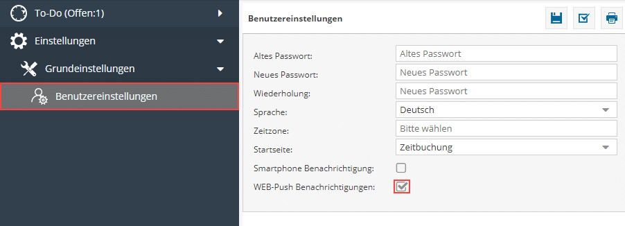 Im Bild sehen Sie die Benutzereinstellungen der Software TimO mit Häkchen, indem Feld "WEB-Push Benachrichtigungen"