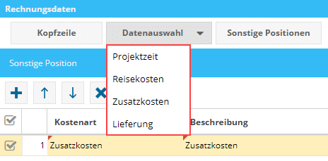 Fakturierung Datenauswahl Projektzeit Reisekosten Zusatzkosten Lieferung