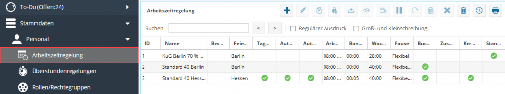 Im Bild sehen das Menü der Software TimO mit markiertem Eintrag "Arbeitszeitregelung".