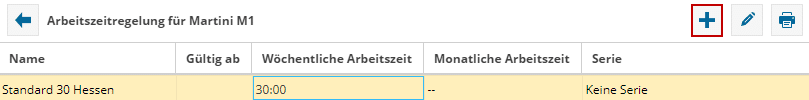 Im Bild sehen die Maske der Arbeitszeitregelungen der Software TimO mit markiertem Eintrag "Hinzufügen".