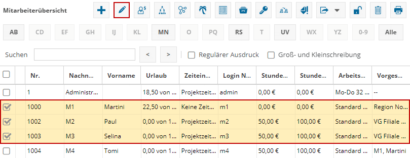 Im Bild sehen die Mitarbeiterstammdaten der Software TimO mit mehreren markierten "Mitarbeitern".