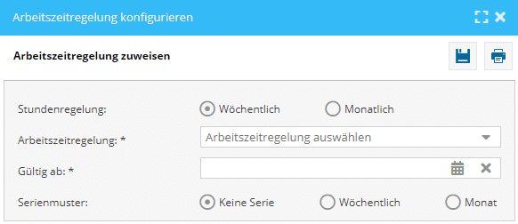 Im Bild sehen die Maske der Arbeitszeitregelung zuweisen der Software TimO. Hier können die Arbeitszeitregelungen den Mitarbeitern zugewiesen werden.