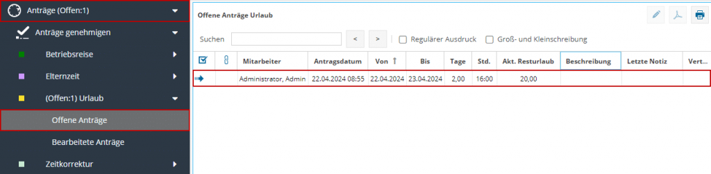 Das Bild zeigt die Antragsgenehmigung für Abwesenheiten im TimO-System.