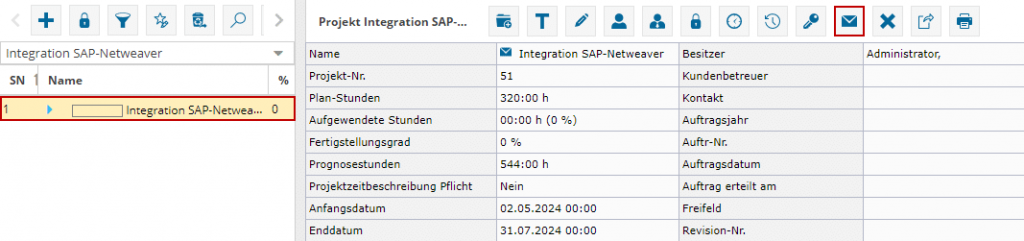 Im Bild sehen Sie den Projektbaum der Software TimO. Mit einer roten Markierung, um ein Projekt und der Schaltfläche "Benachrichtigung".