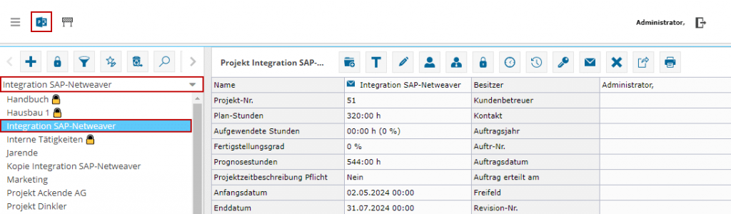 Im Bild sehen Sie den aufgeklappten Projektbaum der Software TimO. Mit einer roten Markierung, um ein Projekt.