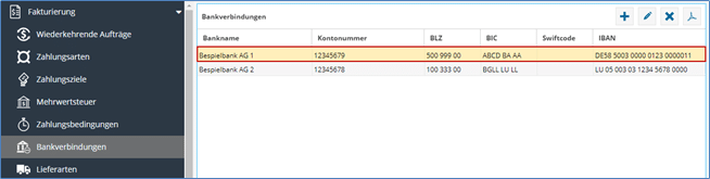 Das Bild zeigt die Software TimO mit unter dem Menüpunkt Bankverbindungen. Eine Bankverbindung wurde rot markiert im Bild.
