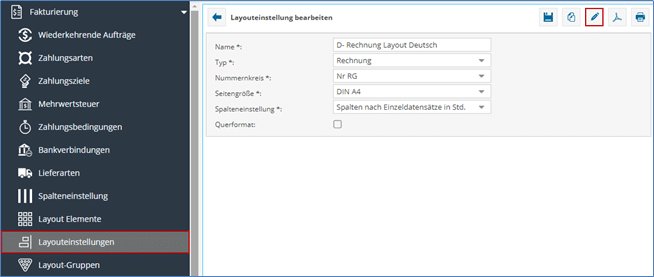 Das Bild zeigt in der Software TimO den Menüpunkt "Layouteinstellungen". Die Schaltfläche "Bearbeiten" ist in dem Bild rot markiert.
