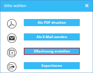 Das Bild zeigt die Auswahlmaske von erstellten Rechnungen der Software TimO. Die Schaltfläche "XRechnung erstellen" ist rot markiert.
