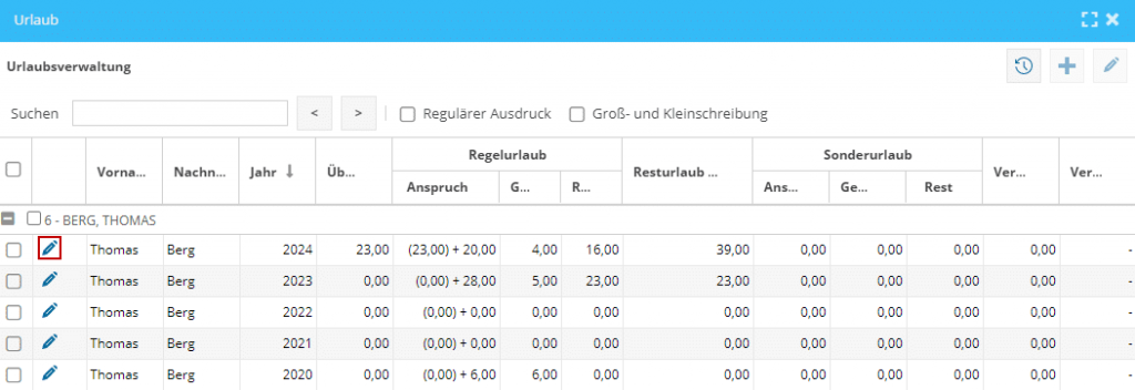 Das Bild zeigt die Urlaubsverwaltung des Mitarbeiters der Software TimO mit der rot markierten Schaltfläche "Bearbeiten".