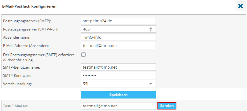 Im Bild sehen Sie die E-Mail-Einstellung Seite vom TimO-Programm mit ausgefüllten Feldern. Die Schaltfläche "Senden" ist rot markiert.