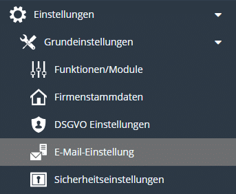Im Bild sehen Sie das aufgeklappte Menü der TimO-Software mit dem markierten Reiter E-Mail-Einstellung