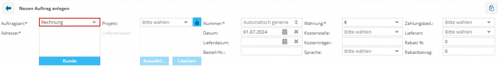 Das Bild zeigt die Auftragsanlage einer Rechnung in der Software TimO. Das Feld Auftragsart ist rot markiert.