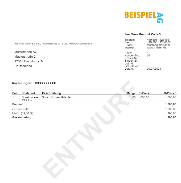 Dieses Bild zeigt ein Rechnungsentwurf PDF der Software TimO.