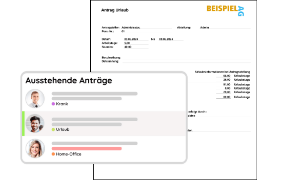 Digitale Darstellung offener Anträge inklusive Urlaubs- und Krankmeldungen sowie offizielles Urlaubsgenehmigungsformular.