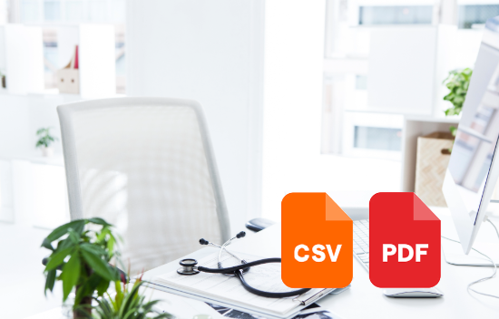 CSV- und PDF-Symbole veranschaulichen den Datenexport der Projektzeiterfassung an einem modernen Arbeitsplatz.