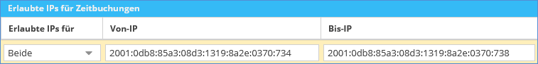 Das Bild zeigt einen Ausschnitt der TimO-Software in der eine IP-Sperre mit einer IPv6 Adress Range hinterlegt ist.