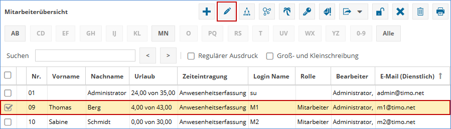 Im Bild sehen Sie die Mitarbeiterübersicht der Software TimO. Mit einer rot markierten Schaltfläche "Bearbeiten"