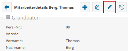 Im Bild sehen Sie die Mitarbeiterdetailseite der Software TimO mit einer markierten Schaltfläche "Bearbeiten"