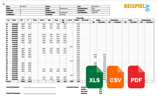 Tabellarischer Stundennachweis aus der Projektzeiterfassung mit Exportmöglichkeiten als XLS-, CSV- und PDF-Datei.