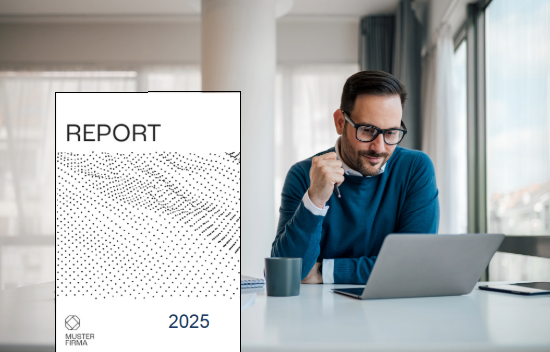 Geschäftsmann am Schreibtisch betrachtet einen digitalen Report für 2025 auf einem Laptop
