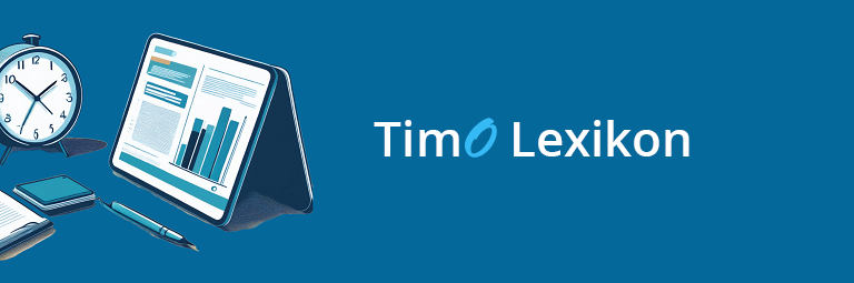 Tablet mit Diagrammen und die Aufschrift 'TimO Lexikon' auf blauem Hintergrund.