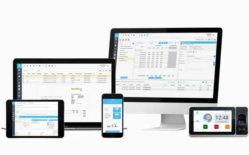 Übersicht der sales pipeline software mit Benutzeroberflächen für Zeiterfassung, Rechnungen und Projektdaten auf mehreren Geräten.