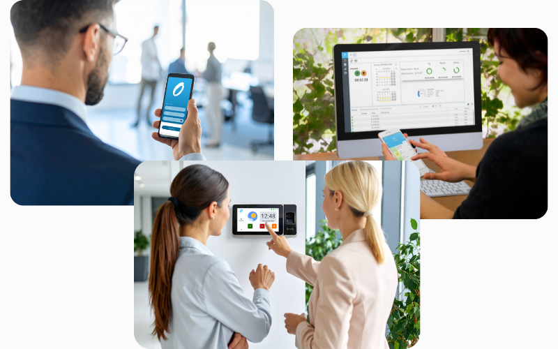 Digitale Zeiterfassung mit mobiler App, Desktop-Anwendung und Zeiterfassungsterminal im Einsatz im Unternehmen