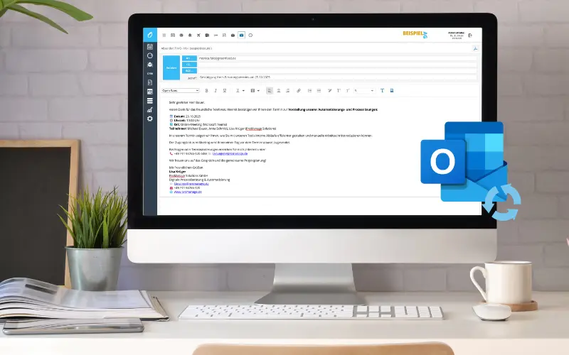 Computerarbeitsplatz mit geöffnetem E-Mail-Programm und Outlook-Symbol zur Synchronisation mit der CRM Software.