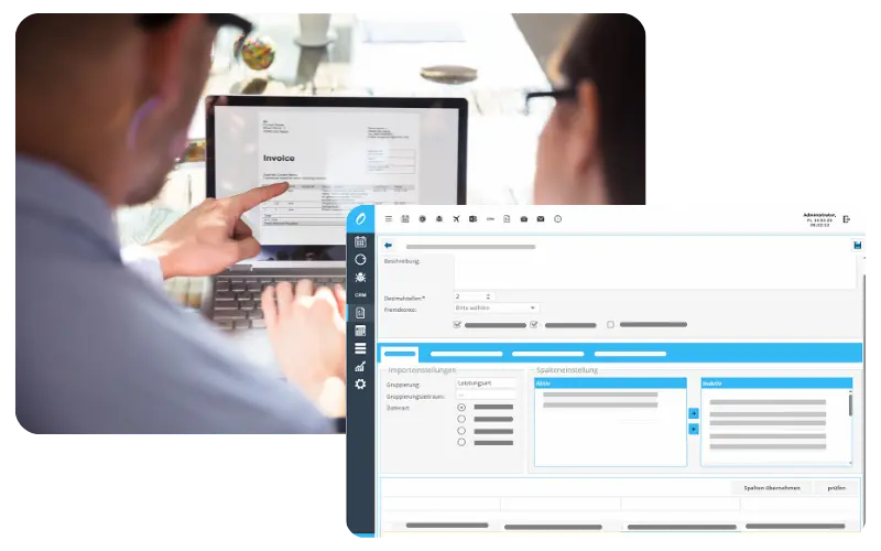 sales pipeline software mit geöffneter Importfunktion, überlagert von einem Foto zweier Kollegen bei der Rechnungsprüfung