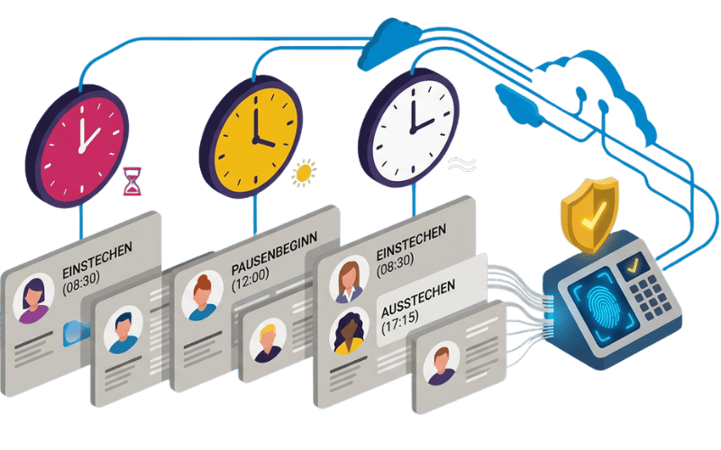 Illustration eines Zeiterfassungssystems mit Mitarbeiterkarten, Arbeitsbeginn, Pausen und Arbeitsende sowie biometrischer Erfassung.