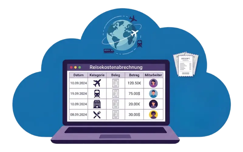 Illustration einer cloudbasierten Reisekostenabrechnung Software mit Laptop, Belegen und Symbolen für Flug, Bahn und Hotel.