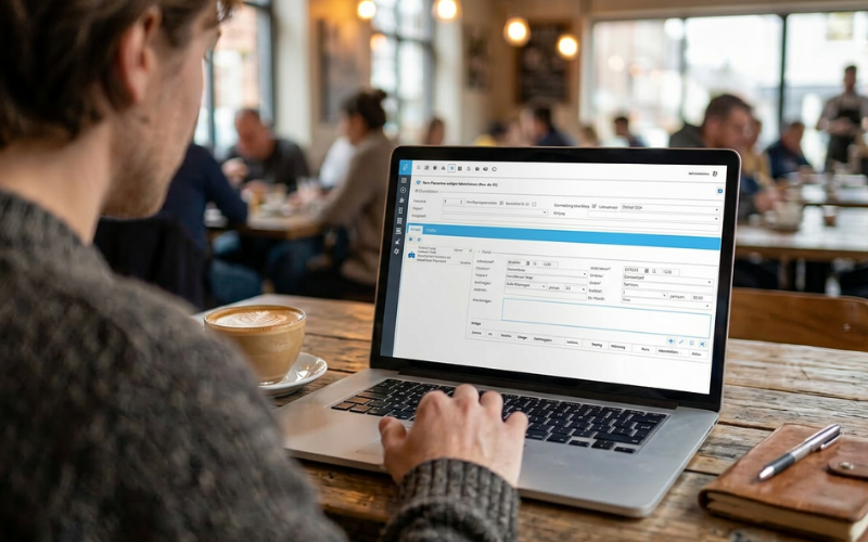 Person arbeitet im Café am Laptop mit einer Reisekostenabrechnung Software zur Erfassung von Reisekosten.
