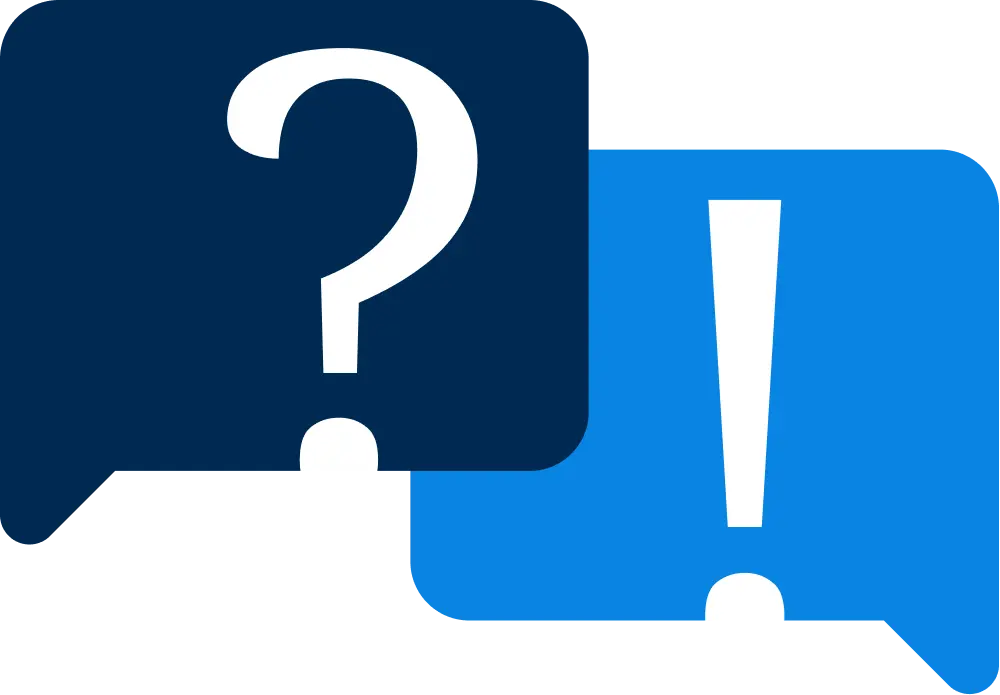 Sprechblasen mit Frage- und Ausrufezeichen symbolisieren häufige Fragen (FAQ) im TimO®-System.