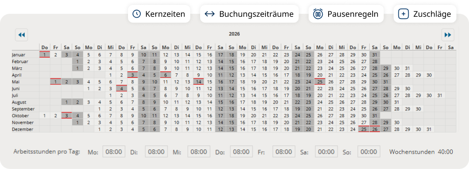 Kalenderansicht der Stundenerfassung mit Einstellungen für Arbeitszeiten, Pausenregeln und Wochenstunden.