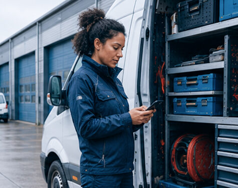 Mitarbeiterin erfasst Arbeitszeit mobil per Smartphone am Servicefahrzeug