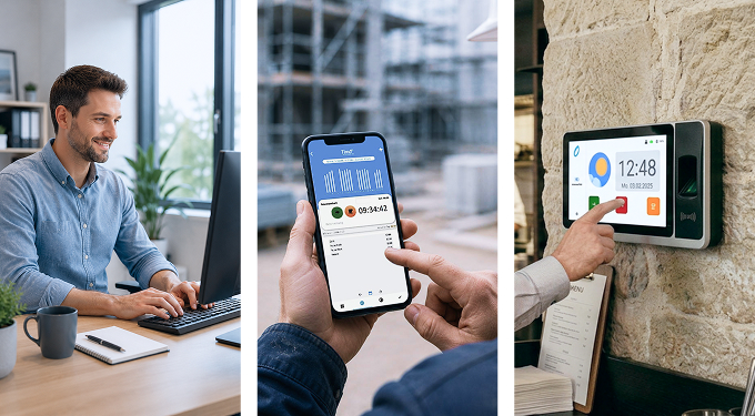 Drei Möglichkeiten der digitalen Leistungserfassung am Computer, per Smartphone und über ein stationäres Zeiterfassungsterminal.