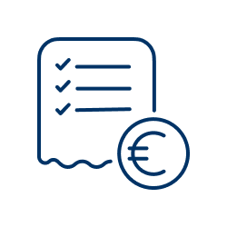 Dunkelblaues Icon eines Belegs mit Euro-Symbol.