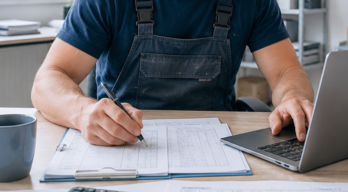 Handwerker überträgt seine handschriftlich dokumentierten Leistungen in das TimO® System.