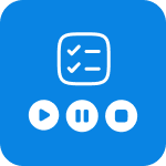 Blaues Icon mit Checkliste sowie Symbolen zum Starten, Pausieren und Stoppen von Projektzeiten.