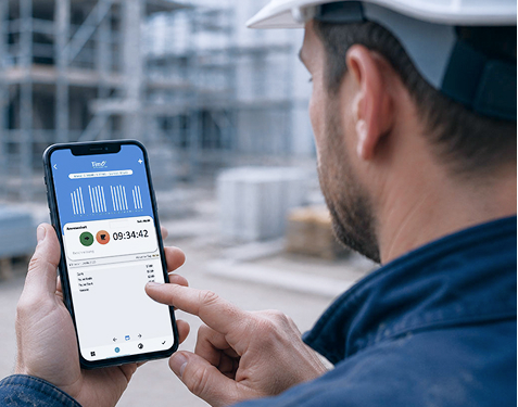 Bauarbeiter nutzt die mobile Projektzeiterfassung auf seinem Smartphone direkt auf der Baustelle.