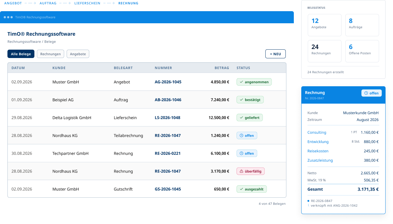 Benutzeroberfläche der TimO® Abrechnungssoftware mit Belegübersicht, Rechnungsstatus und detaillierter Rechnung.