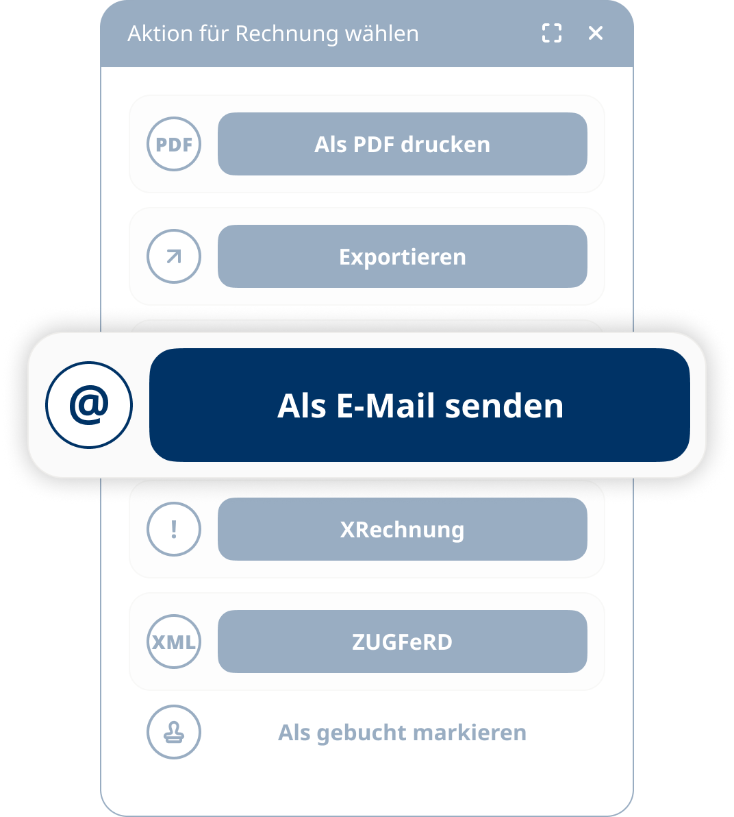 Aktionsauswahl in der Abrechnungssoftware mit verschiedenen Funktionen zur Ausgabe einer Rechnung.