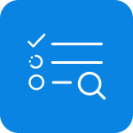 Blaues Icon einer Checkliste mit Lupe für die übersichtliche Kontrolle der Auftragsstadien.