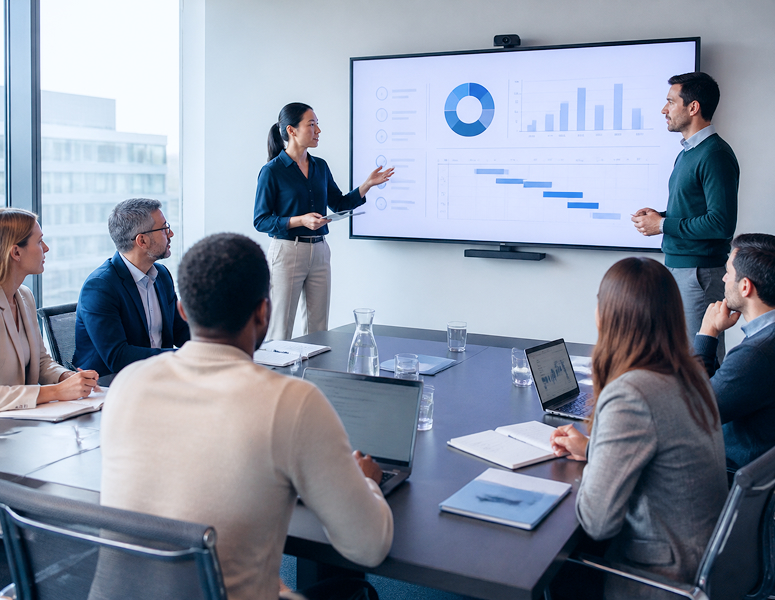 Zwei Mitarbeiter präsentieren in einem Konferenzraum Kunden ihre Analysen in einem mordernen Büro.