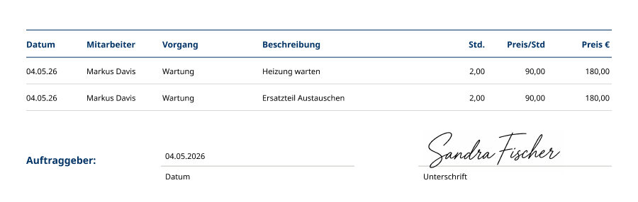 Leistungsnachweis mit Datum, Mitarbeiter, Wartungstätigkeiten, Arbeitsstunden, Preisen und Unterschrift des Auftraggebers.