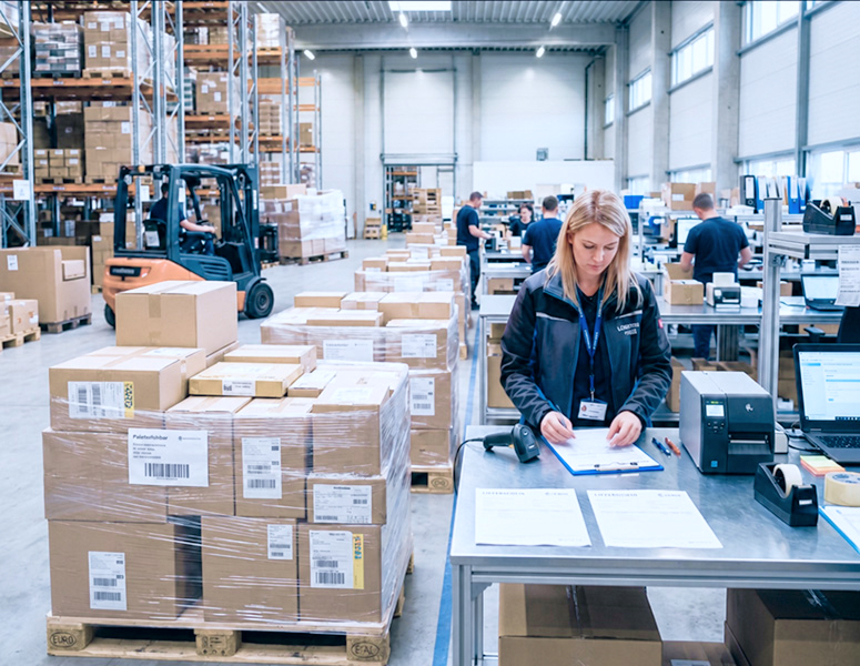 Logistikmitarbeiterin prüft Dokumente an einem Arbeitsplatz zwischen verpackten Waren und Versandstationen.