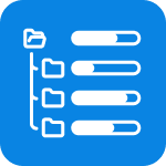 Blaues Icon einer Projektstruktur mit Ordnern und Fortschrittsbalken.